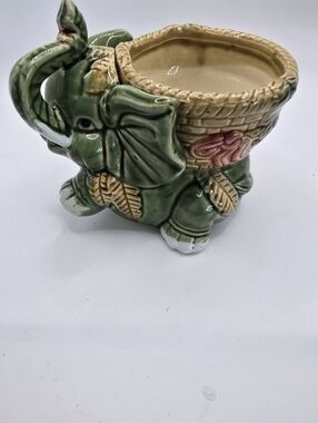 Vintage Elephant Planter Green Ceramic Cute Lucky Decor